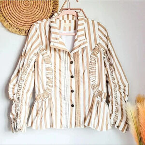 Yuvita, New, Tan & White Stripe Ruffle Fitted Windbreaker Rain Jacket Size 10